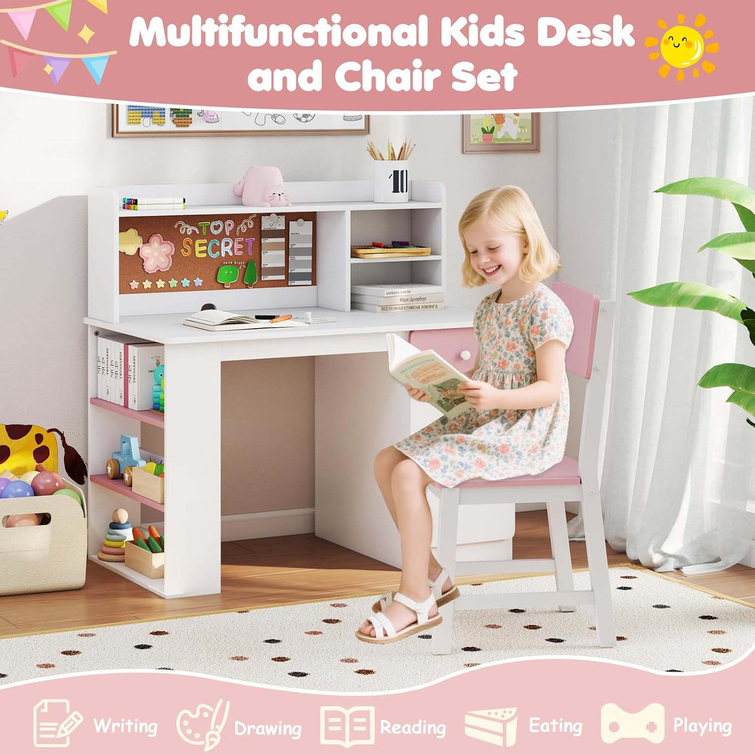 HONEY JOY Kids Desk and Chair Set, Large Wooden Children School Study Table and Chair w/Drawer, Hutch, Storage Shelves, Student Writing Desk Computer Workstation for Bedroom, 7+ Years Old (Pink)
