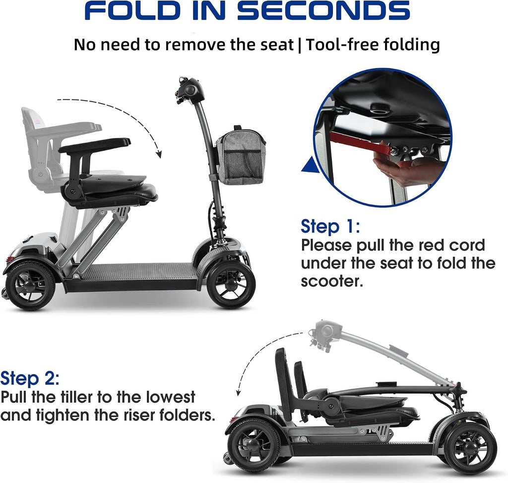 4 Wheel Mobility Scooters for Seniors Foldable Travel Scooter Airline Approved Folding Handicap Scooters for Adults Lightweight Collapsible Electric Mobility Scooter Adults 265 lbs