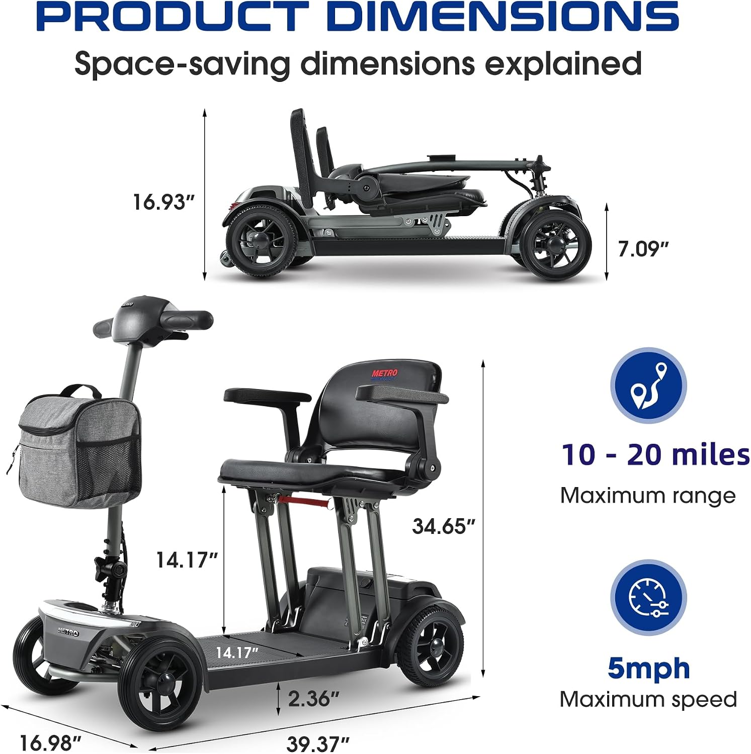 Metro Airline Approved Folding Mobility Scooter Lightweight for Seniors & Adults 300 lbs 4 Wheel Portable Electric Handicap All Terrain Travel Mobility Scooters Foldable Collapsible