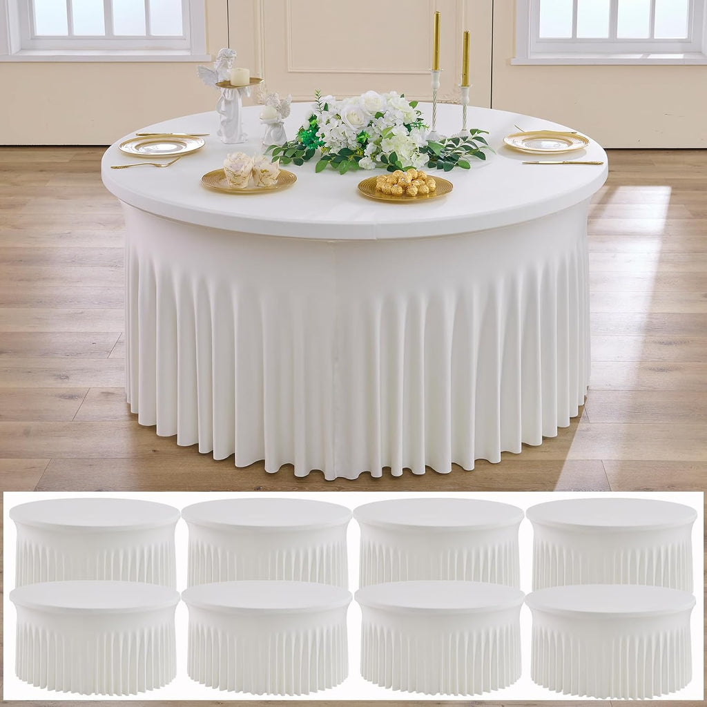 NSSONBEN 8 pk Ivory Round Spandex Tablecloth 72 in with Ruffled Skirt,Wrinkle Free High-Stretch 132 inch Fitted 6ft Cream Table Cloths Round Spandex Table Covers 6ft for Party Wedding Banquet Dinning