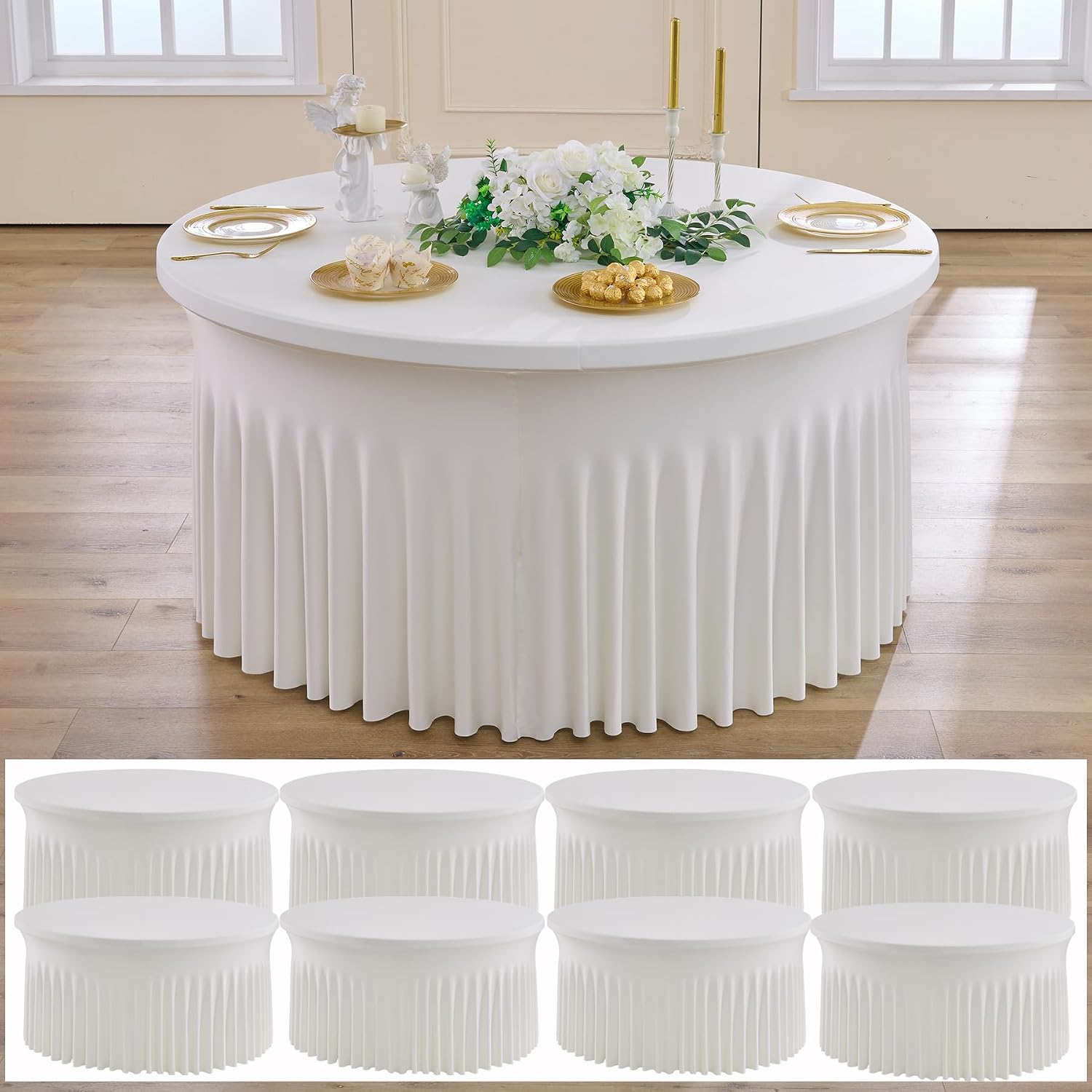 NSSONBEN 8 pk Ivory Round Spandex Tablecloth 72 in with Ruffled Skirt,Wrinkle Free High-Stretch 132 inch Fitted 6ft Cream Table Cloths Round Spandex Table Covers 6ft for Party Wedding Banquet Dinning