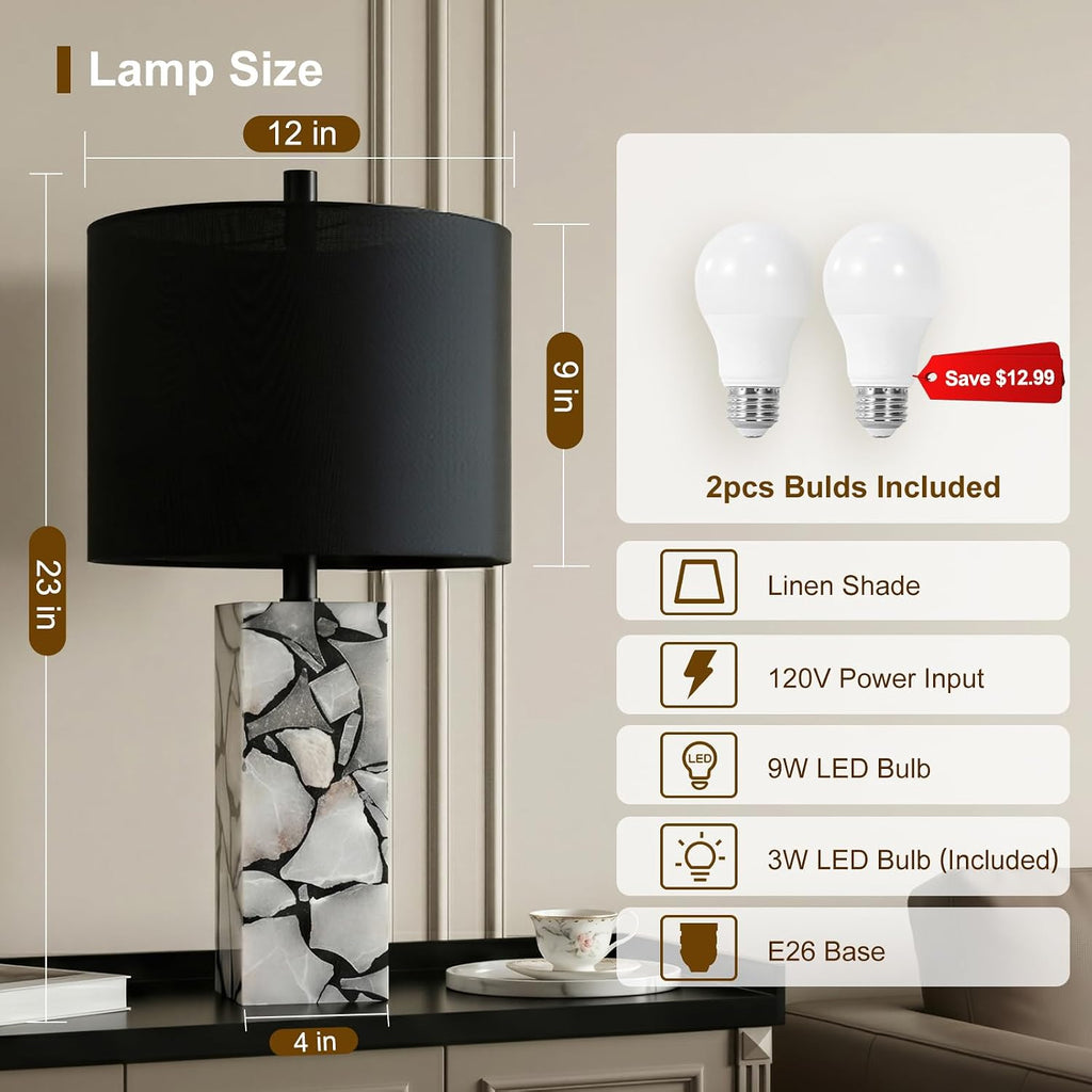 Scenekoy 23' Alabaster Table Lamps Set of 2 with Night Light for Living Room, Rotary Switch, Black Modern Table Lamp with Black Linen Shade, Nightstand Lamp for Bedroom Bedside Office (Bulb Included)