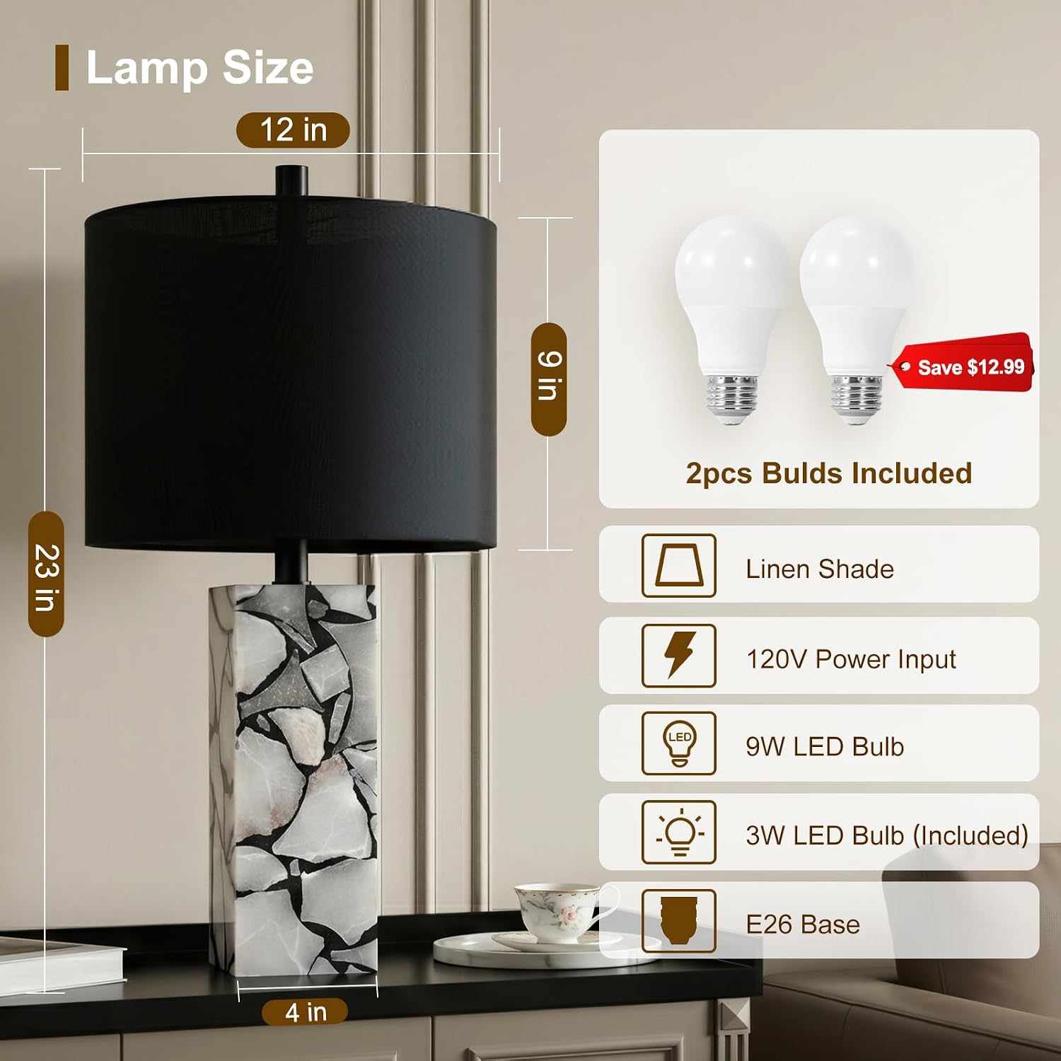 Scenekoy 23' Alabaster Table Lamps Set of 2 with Night Light for Living Room, Rotary Switch, Black Modern Table Lamp with Black Linen Shade, Nightstand Lamp for Bedroom Bedside Office (Bulb Included)