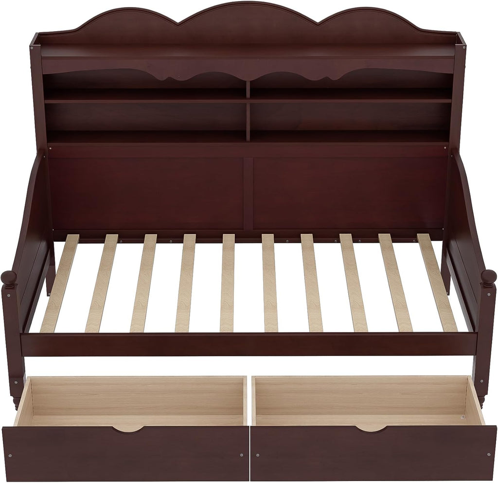 Harper & Bright Designs Captain's Bed with 2 Storage Drawers and Bookcase Headboard,Twin Size Wood Day Bed Frame with Sturdy Slats Support,Espresso