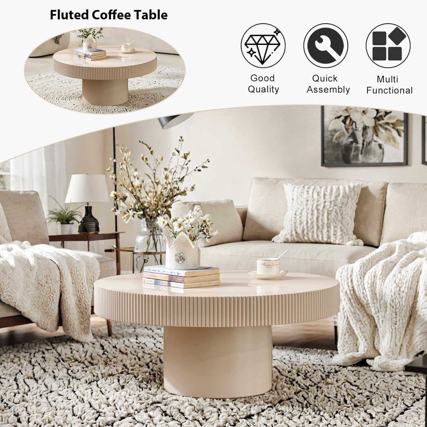 Round Fluted Coffee Table Mid Century Modern Coffee Tables with Handcrafted Relief Circle Drum End Table Rustic Industrial Center Tables for Apartment Living Room (White Round Thin)