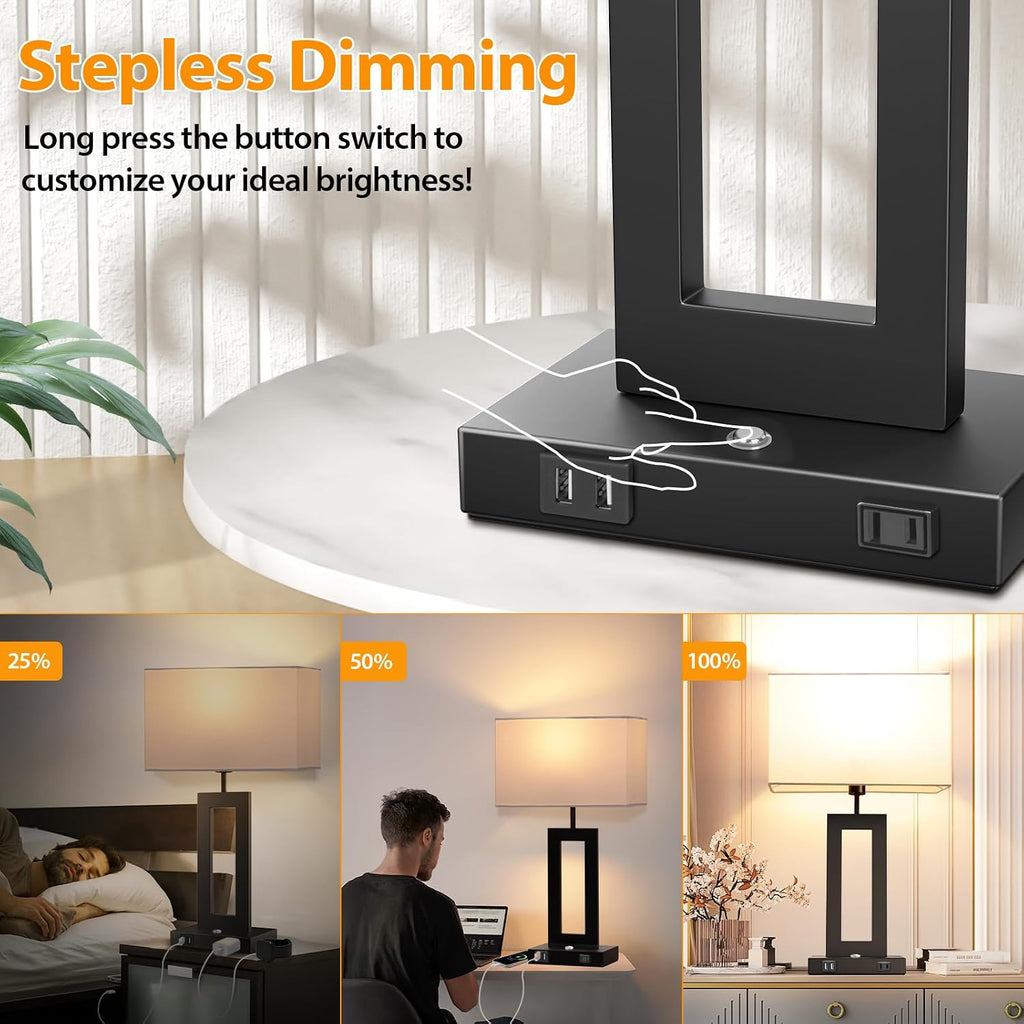 27.2'' Tall Black Table Lamps for Living Room Bedroom, Bedside Touch Control Lamps with 2 USB Ports&AC Outlet, 3 Color Temp.&Stepless Dimming Desk Lamp Sets for Home Office, Pre-assembled White Shade