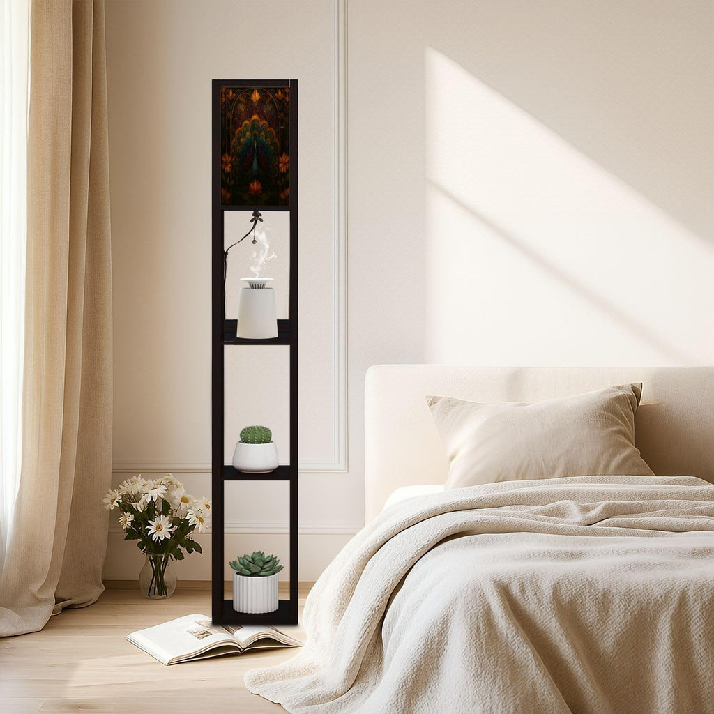Floor Lamp with Shelves Asymmetrical Peacock Stained Glass Art Geometric Feather Design Standing Tall Lamp USB Ports & Power Outlet Modern Corner Lamp Nightstand Light for Living Room Bedroom