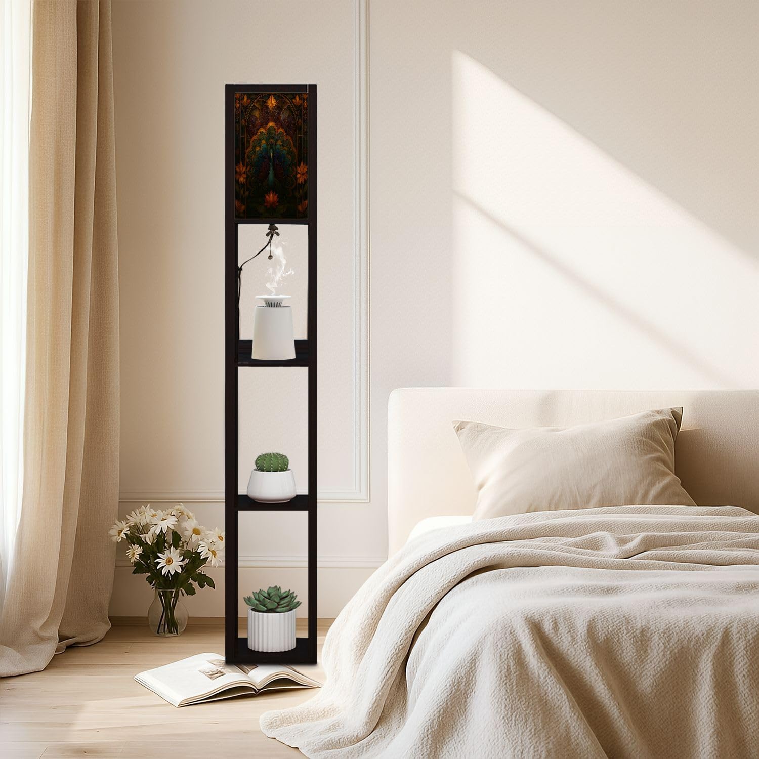 Floor Lamp with Shelves Asymmetrical Peacock Stained Glass Art Geometric Feather Design Standing Tall Lamp USB Ports & Power Outlet Modern Corner Lamp Nightstand Light for Living Room Bedroom