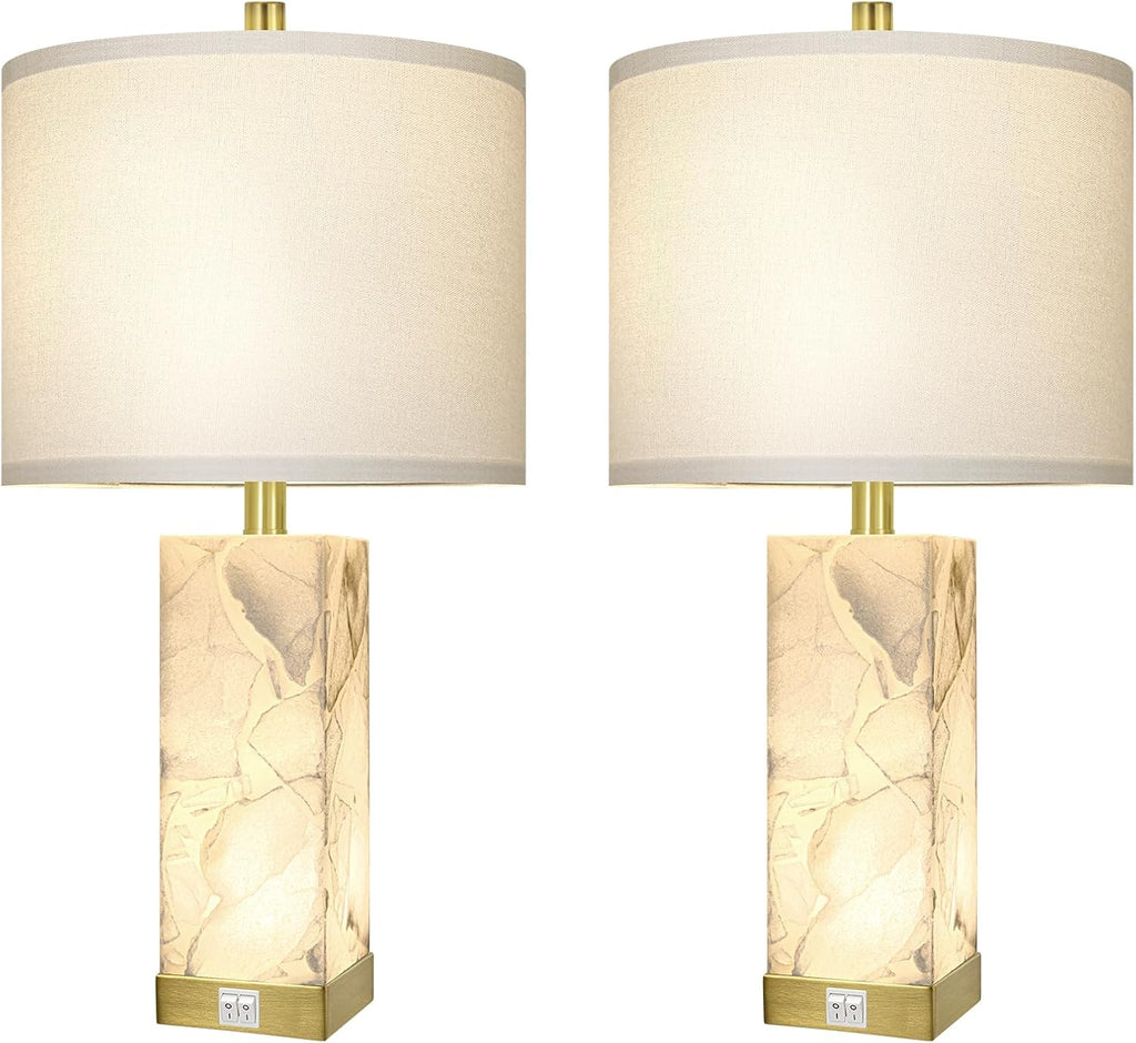 Scenekoy 23' Alabaster Table Lamps Set of 2 for Living Room Bedroom, Bedside Lamps with USB A+C Ports, Modern Table Lamp with Linen Shade for Living Room Bedroom Nightstand (Bulbs Included)