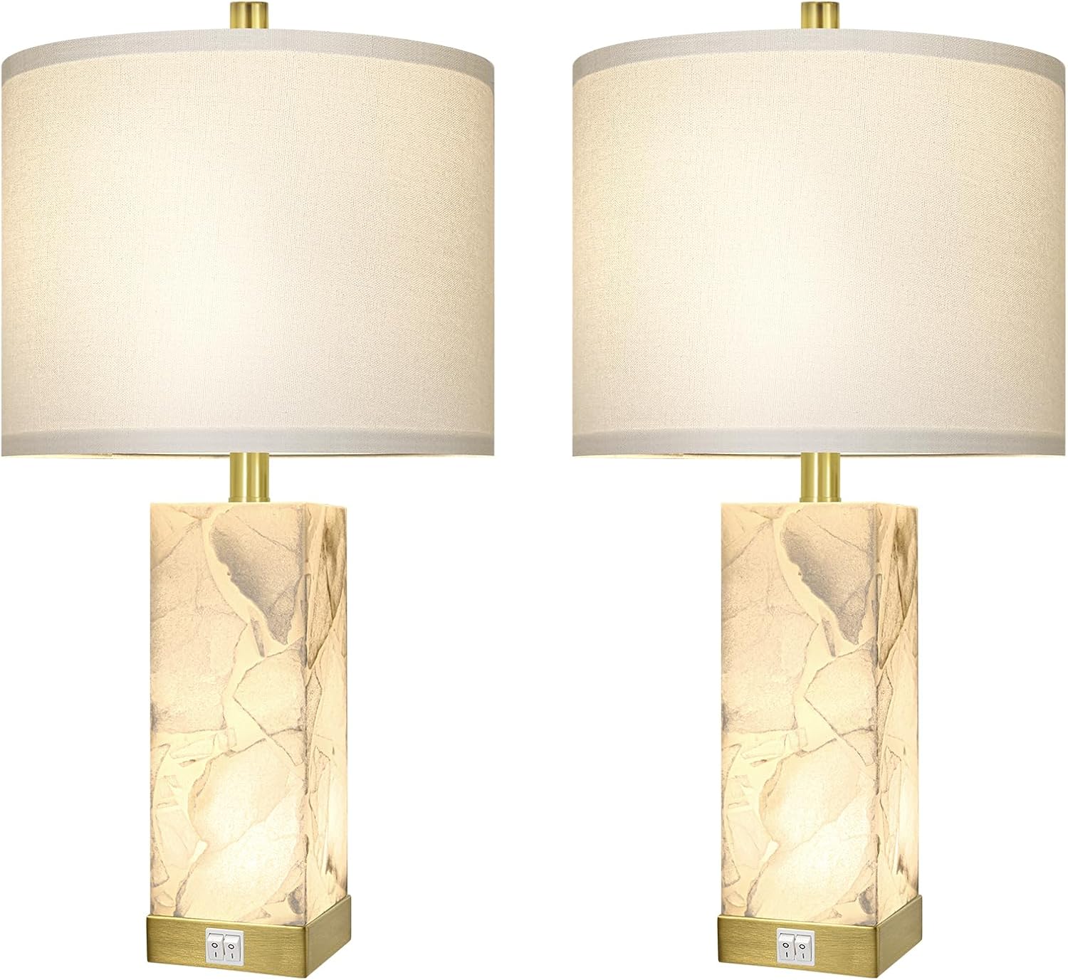 Scenekoy 23' Alabaster Table Lamps Set of 2 for Living Room Bedroom, Bedside Lamps with USB A+C Ports, Modern Table Lamp with Linen Shade for Living Room Bedroom Nightstand (Bulbs Included)