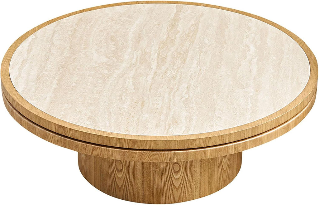 JUSTONE 35.43''Round Fluted Coffee Table,Farmhouse Wood Coffee Table for Living Room Apartment,Easy Assembly,Oak(ø35.43'' x 13.78'')