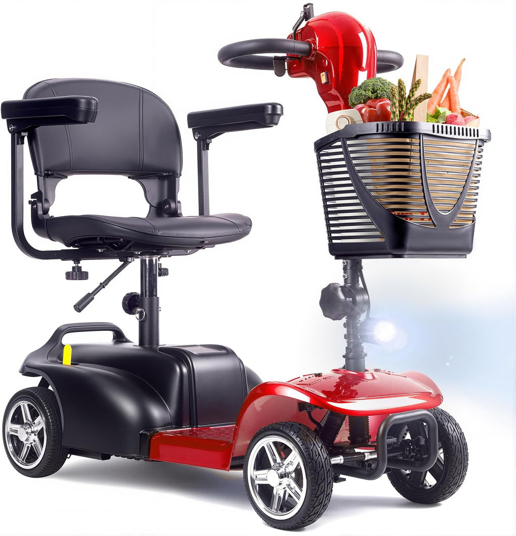 SAYYEAH 4 Wheels Mobility Scooter for Adults&Seniors, Max Speed:6mph, Mobility Scooter for Travel, with LED Headlights and Basket, Charger Included, (Purple/red/Blue/Silver) (RED)