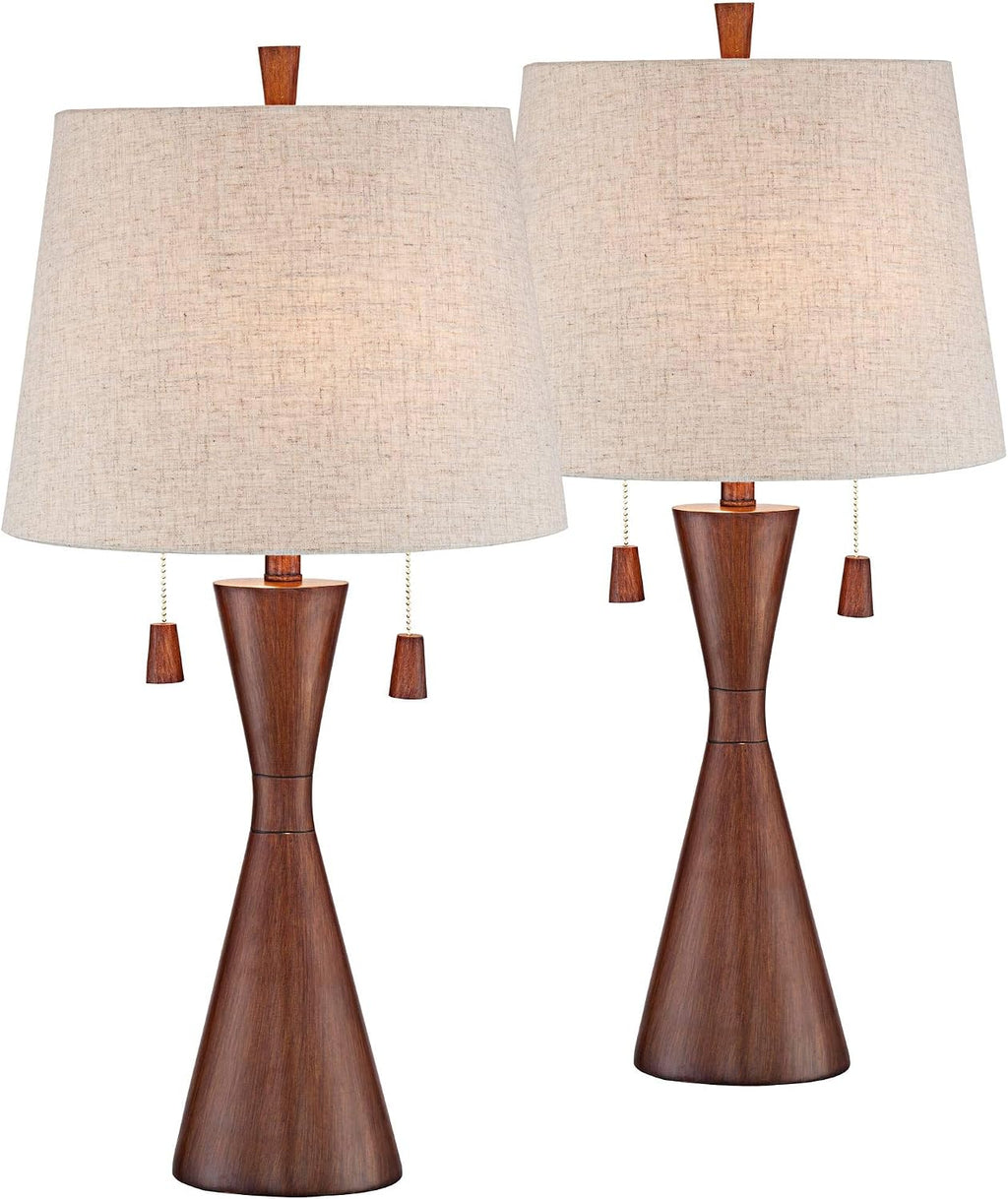 360 Lighting Omar Mid Century Modern Chic Style Table Lamps 28.75' Tall Set of 2 Warm Brown Wood Oatmeal Tapered Drum Shade Decor for Living Room Bedroom House Bedside Nightstand Home