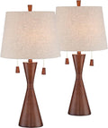 360 Lighting Omar Mid Century Modern Chic Style Table Lamps 28.75' Tall Set of 2 Warm Brown Wood Oatmeal Tapered Drum Shade Decor for Living Room Bedroom House Bedside Nightstand Home