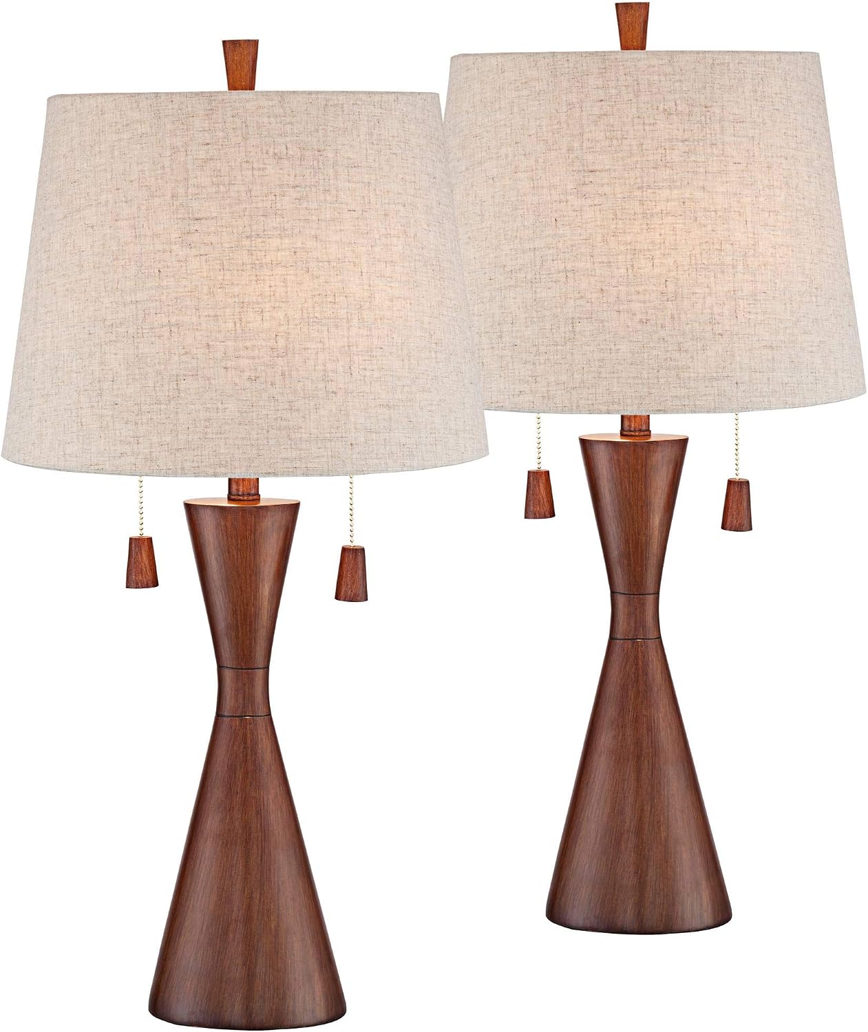 360 Lighting Omar Mid Century Modern Chic Style Table Lamps 28.75' Tall Set of 2 Warm Brown Wood Oatmeal Tapered Drum Shade Decor for Living Room Bedroom House Bedside Nightstand Home