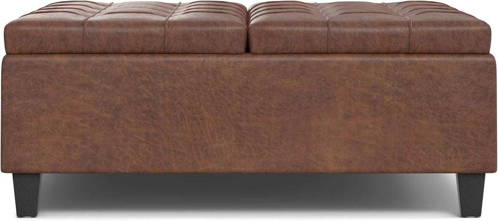 SIMPLIHOME Harrison Large Coffee Table Storage Ottoman - 40 inch Wide Upholstered Vegan Leather Square Lift-Top Ottoman in Distressed Saddle Brown, Transitional Bench for Living Room with Sturdy Base