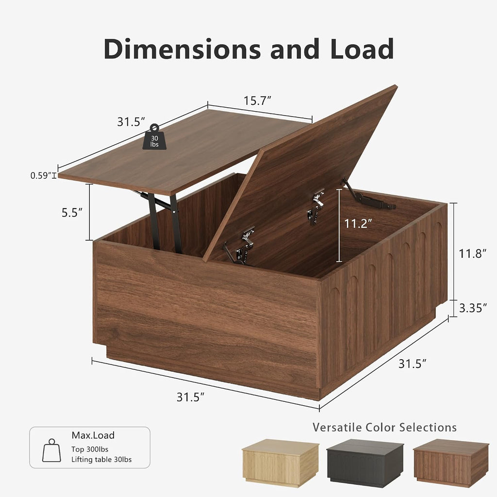 FORTUNETEC Lift Top Coffee Table with Storage, Modern Coffee Table with Arched Design, 31.5' Square Tea Table with Wood Grain, Minimalist Multifunctional Center Table for Living Room, Office, Walnut