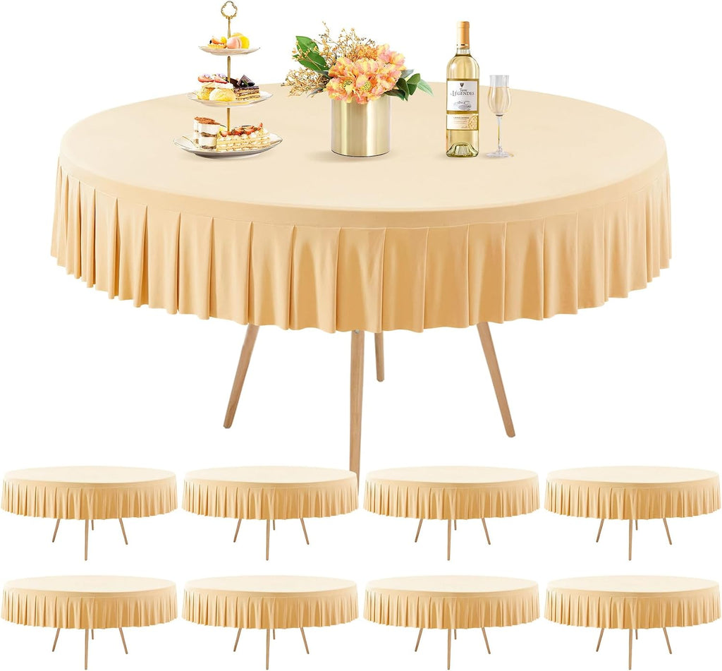 8 Pack Champagne Spandex Round Tablecloths for 60 inch Tables, Stretchy Fitted 5FT Round Table Cloths with Skirt for Wedding Party Dining Banquet