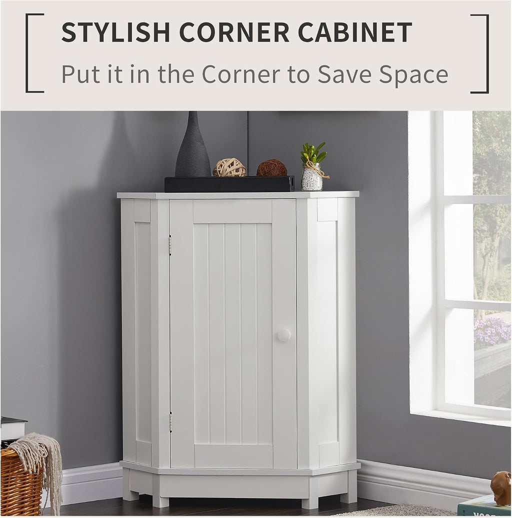 Home Corner Storage Cabinet, Bathroom Triangle Floor Cabinet, Wood Freestanding Corner Cabinet with Single Door and Shelves (White)
