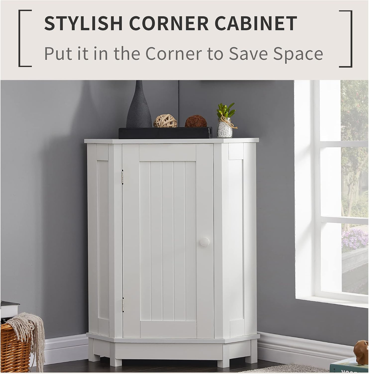 Home Corner Storage Cabinet, Bathroom Triangle Floor Cabinet, Wood Freestanding Corner Cabinet with Single Door and Shelves (White)