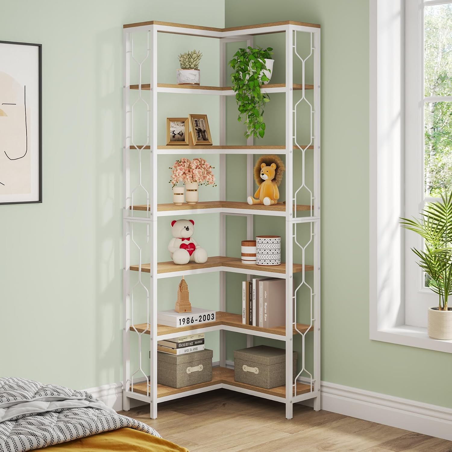 Tribesigns 7-Tier Corner Shelf, 78.7' Tall Bookshelf with Storage, Corner Bookshelf and Bookcase, Industrial Display Shelf for Living Room, Bed Room, Home Office (White and Natural)