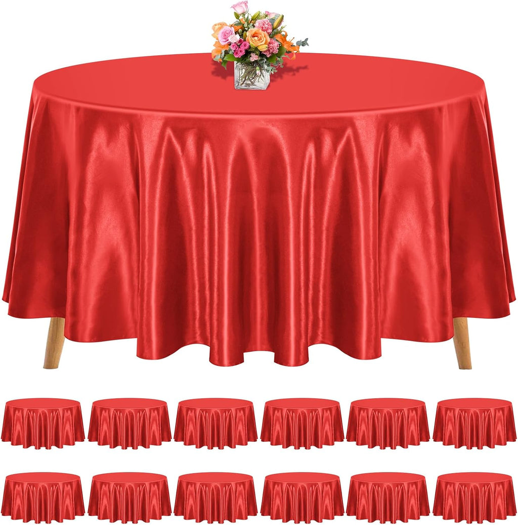12 Pack 120 Inch Round Tablecloth, Red Satin Fabric Table Cloth for Round Tables, Wrinkle Resistant Washable TableCover Bright Silk Table Clothes for Wedding Party Dining Tables Banquet