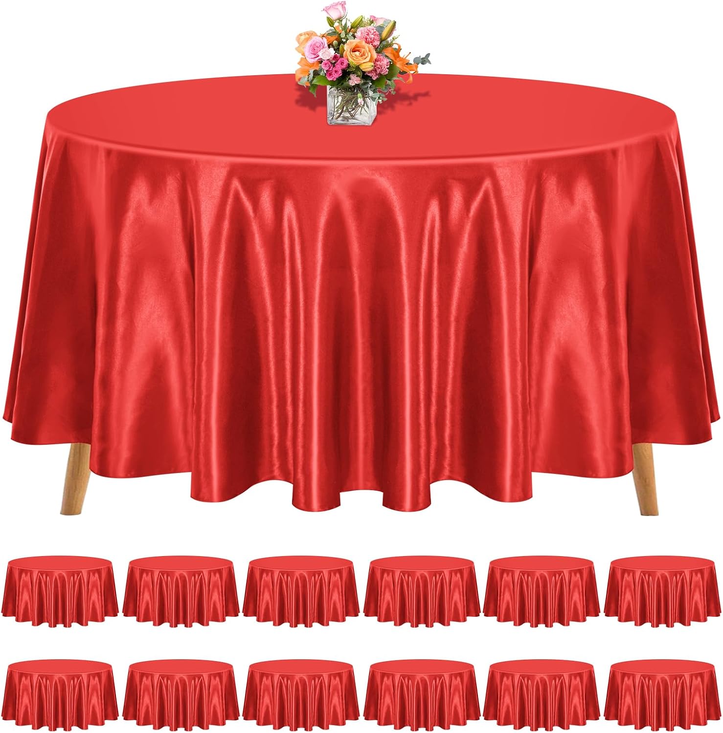 12 Pack 120 Inch Round Tablecloth, Red Satin Fabric Table Cloth for Round Tables, Wrinkle Resistant Washable TableCover Bright Silk Table Clothes for Wedding Party Dining Tables Banquet