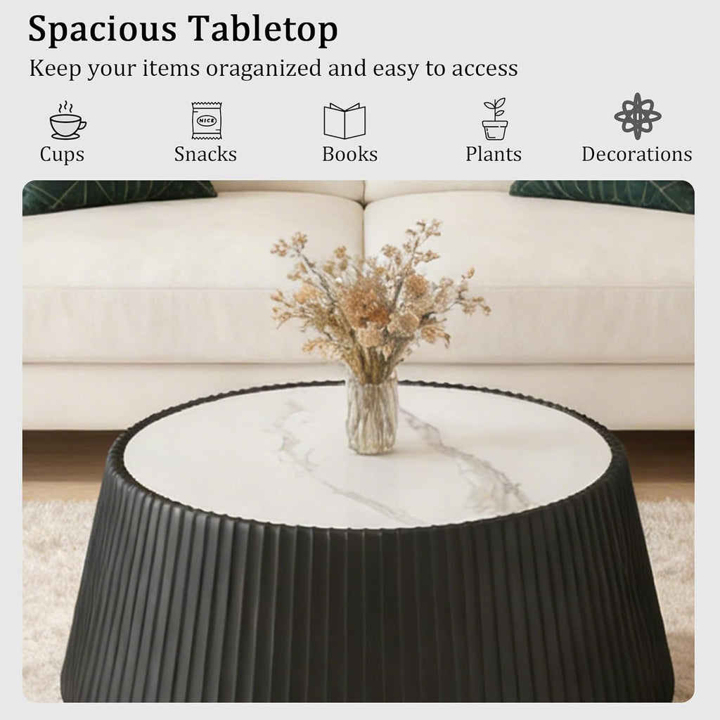 Round Coffee Table Set with Sintered Stone Tabletop, 26.77' Black Drum Center Table and 19.68' Black Coffee Table Set, 2 Pieces Living Room Table Set with Fluted PU Leather Cover& Stable Base