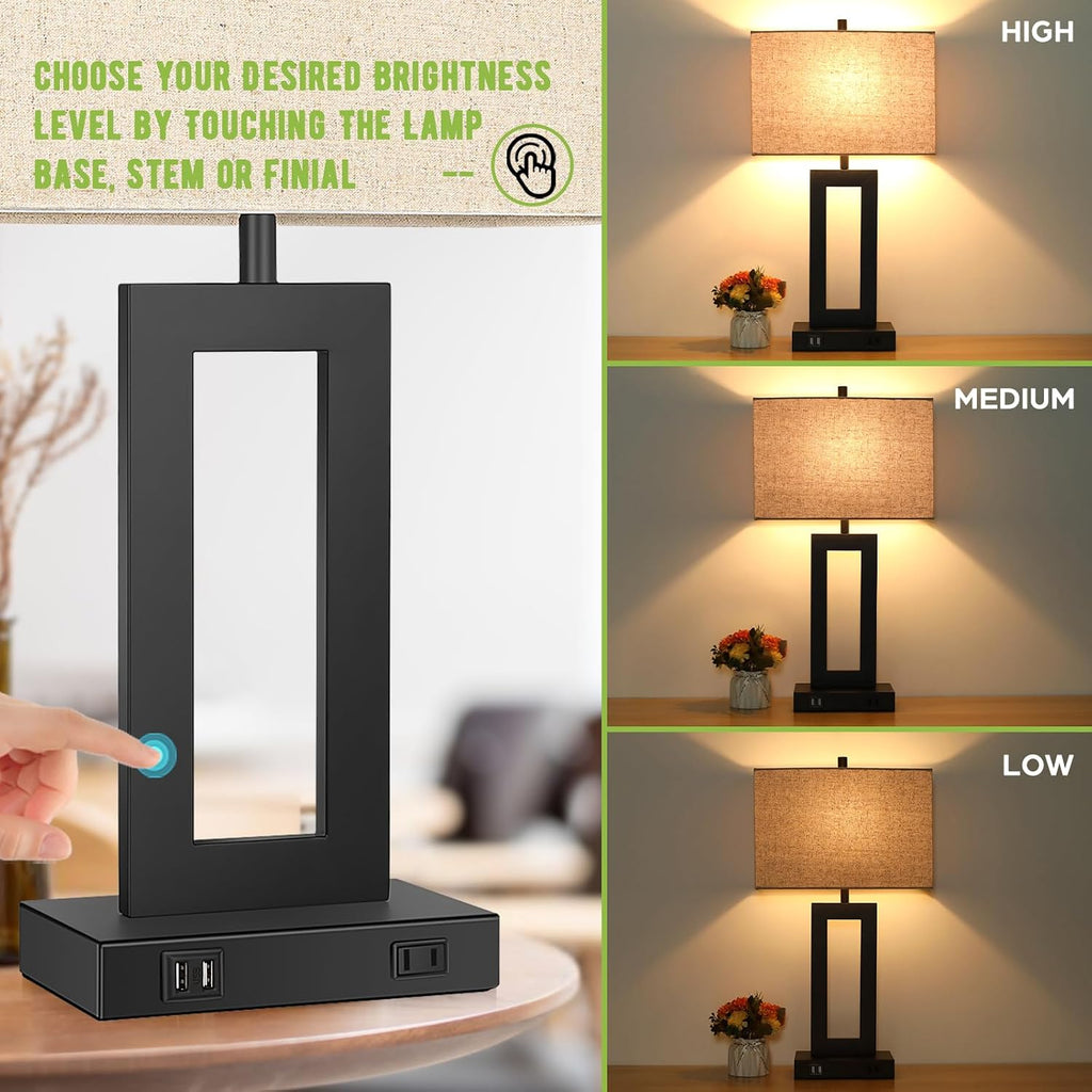 TOBUSA 28'' Tall Lamps for Living Rooms Set of 2, Modern Black Touch Control Table Lamps for Bedroom, 3 Way Dimmable Bedside Lamps with 2 USB Ports&AC Outlet, High-end Decor Lamp for Home Office