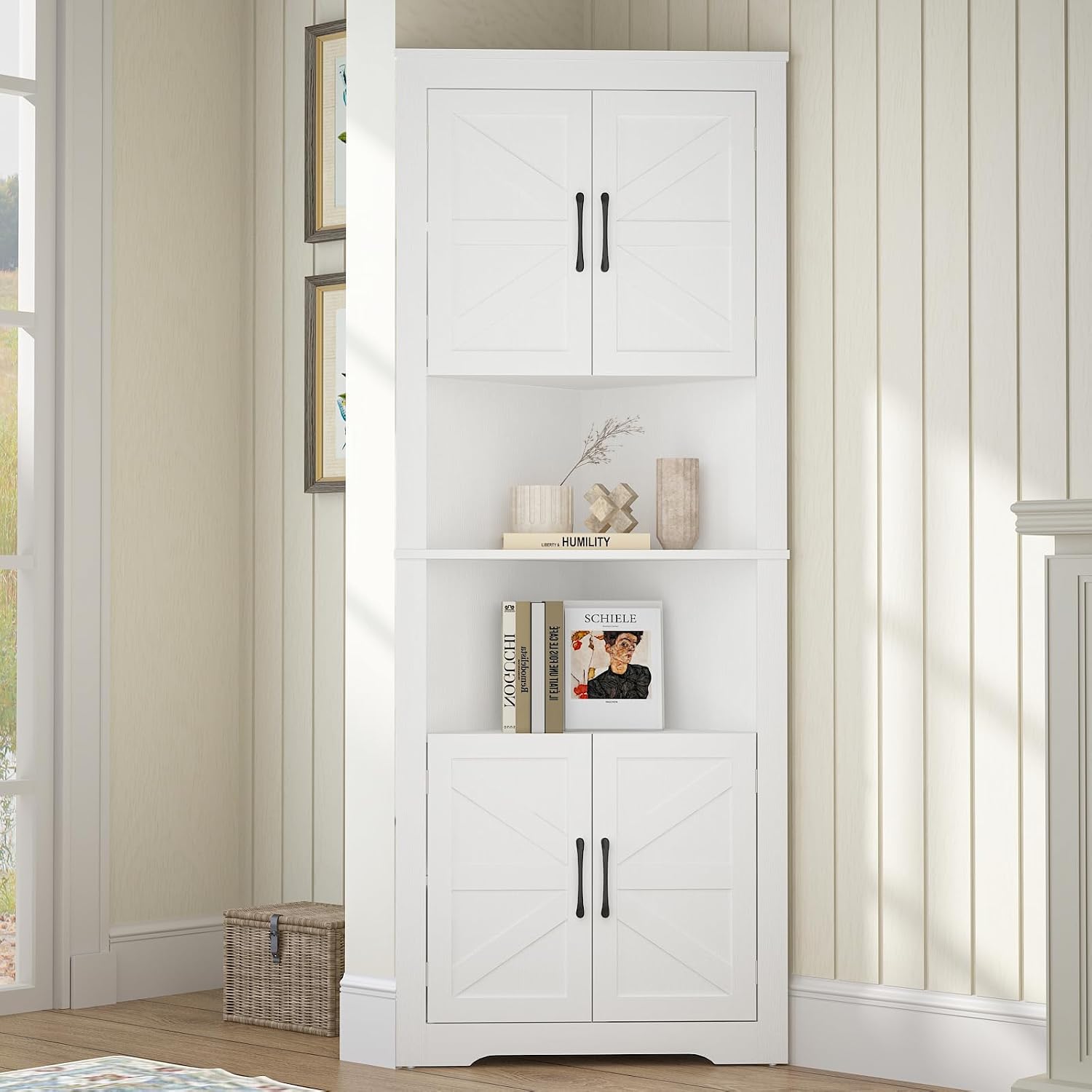 JOZZBY Corner Storage Cabinet, Farmhouse Corner Cabinet with Barn Doors & Adjustable Shelves, Corner Hutch Shelf Home Space Saver for Kitchen, Living Room, Hallway, White