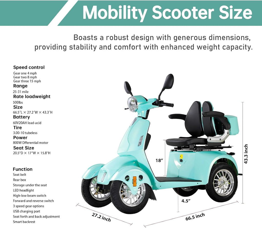 Mobility Scooters for Adults,Heavy-Duty 4 Wheel Mobility Scooters for Seniors,500 LB Capacity All Terrain Mobility Scooter Handicap Scooters for Adults,800W, Multiple Colors