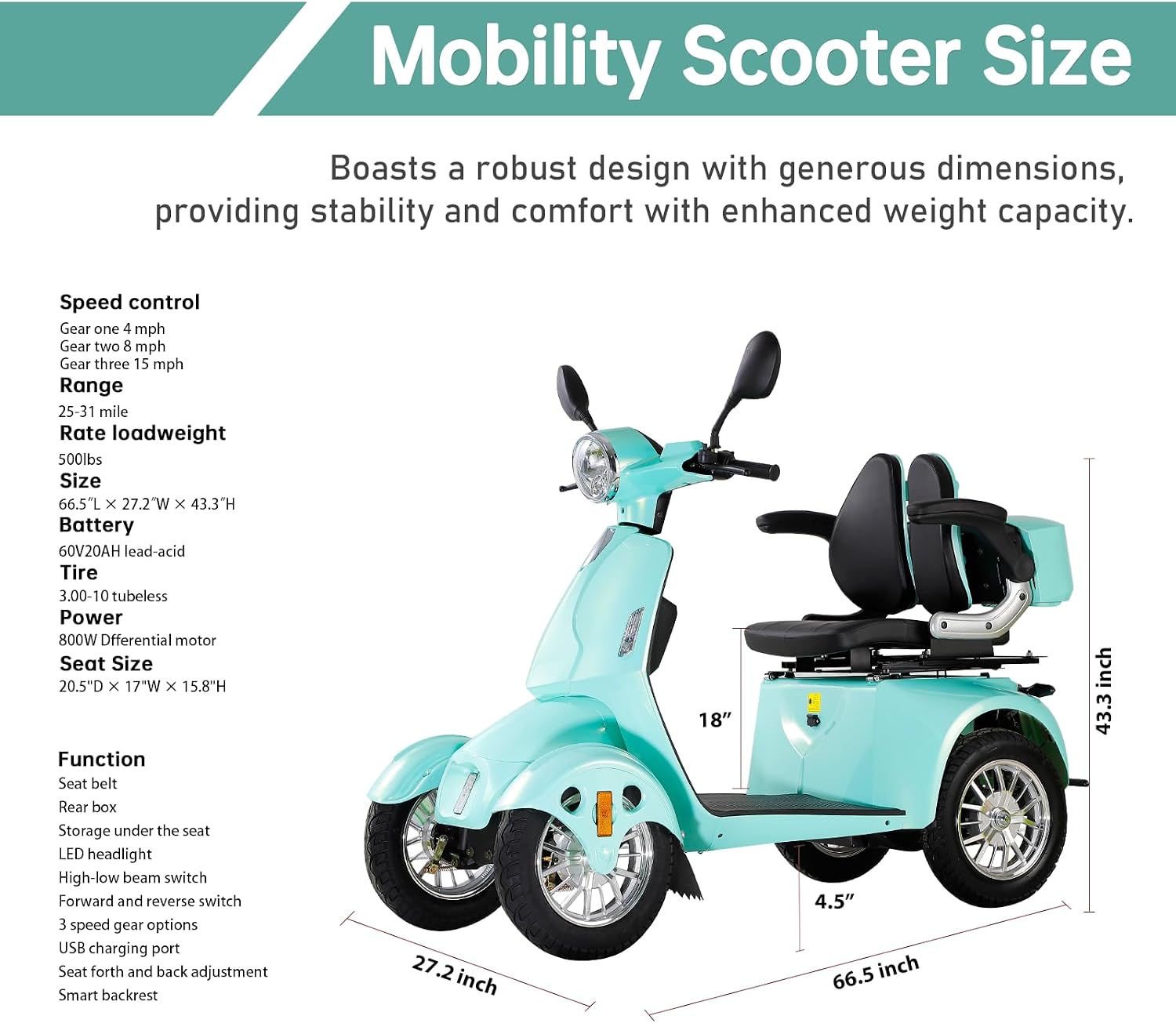 Mobility Scooters for Adults,Heavy-Duty 4 Wheel Mobility Scooters for Seniors,500 LB Capacity All Terrain Mobility Scooter Handicap Scooters for Adults,800W, Multiple Colors