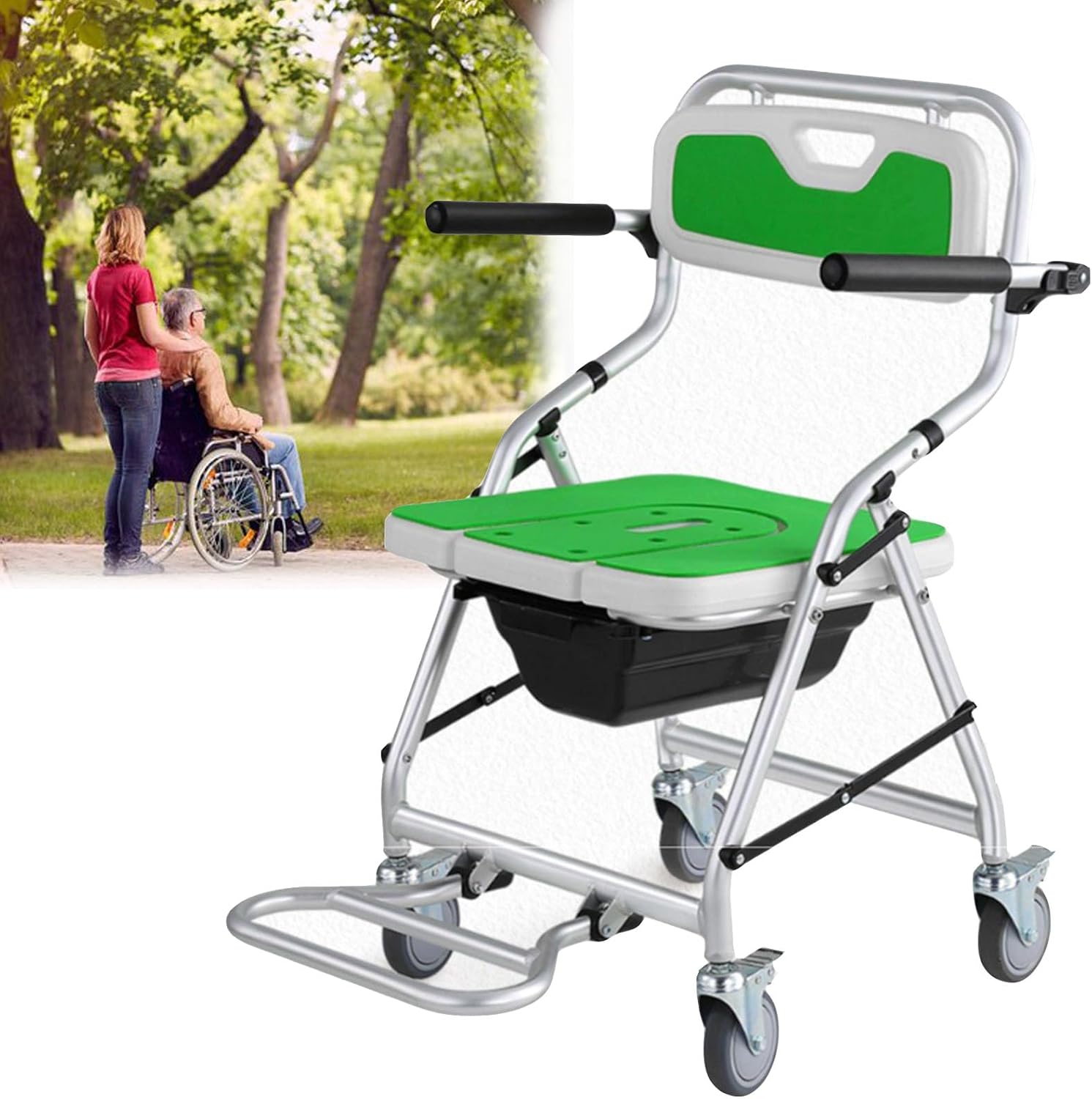 Portable Commode Chair, Commode Toilet Chair with Arms, Shower Seats for Elderly Foldable with Back, Ergonomic Seat, Mobility & Daily Living Aids, Load Capacity 150kg