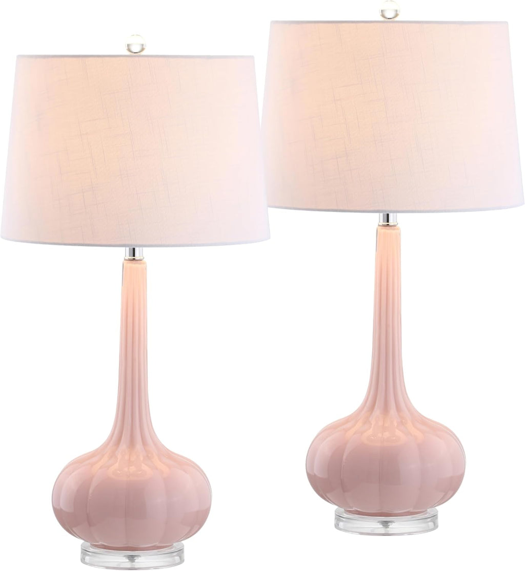 JONATHAN Y 28.5' Pink Glass Teardrop LED Table Lamp Set of 2 for Living Room Bedroom Nightstand, White Linen Shade Modern Transitional Bedside Desk Lamp JYL1079A-SET2