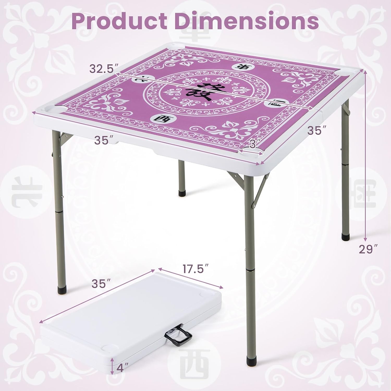Goplus Mahjong Table, 35' Square Folding Card Table w/4Cup Holders, Anti Slip Mat, HDPE Tabletop, Metal Legs, Portable Mahjong Game Table for Domino Game, Picnic (Pink, Table w/Removable Mat)