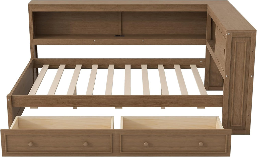 MERITLINE Full Size DayBed with 2 Storage Drawers and Shelves, Full Wood Corner Bed Frame with Headboard, USB Charging Ports and LED Lights for Living Room, Antique Wood