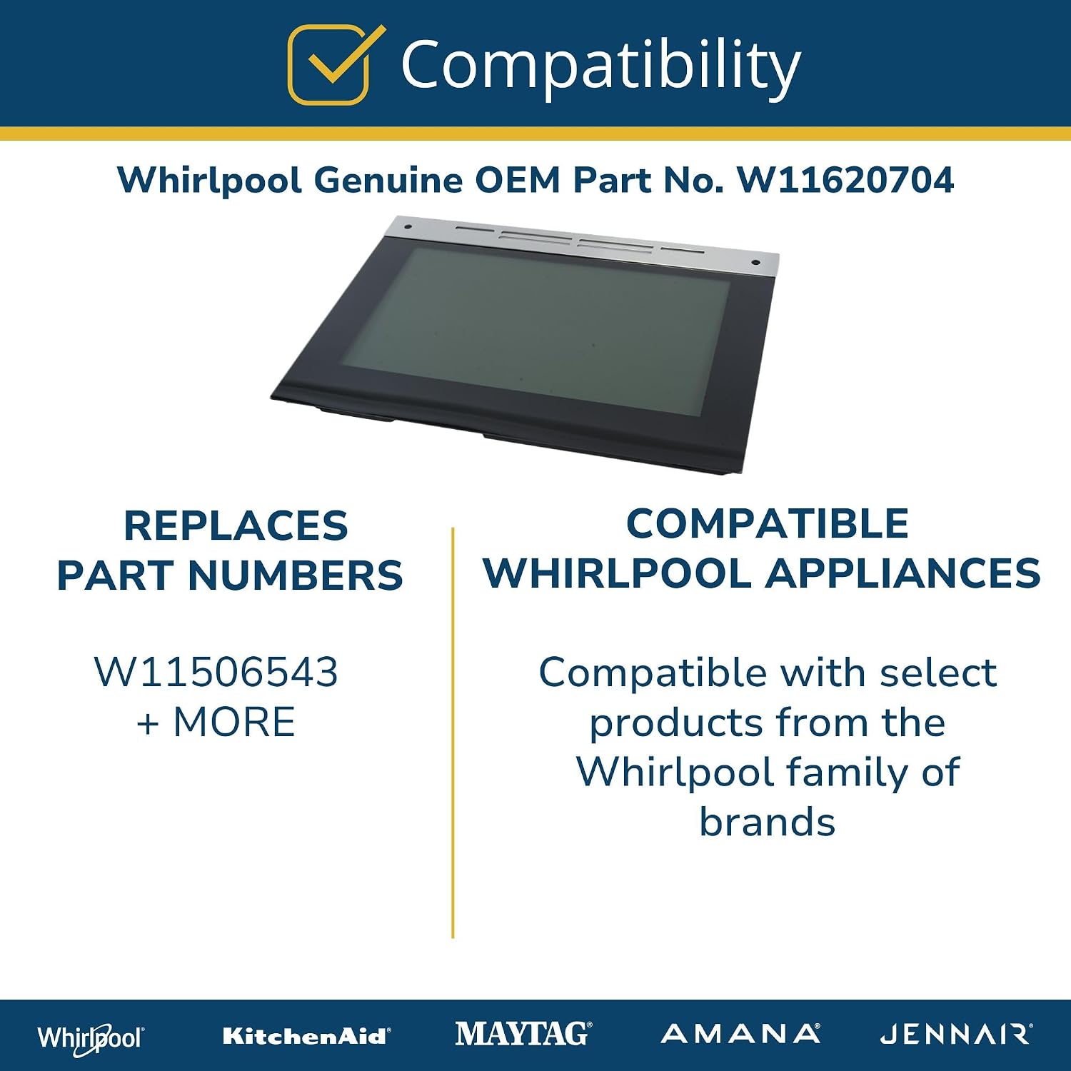 Whirlpool W11620704 Genuine OEM Range Outer Door Glass Replacement Part - Replaces W11506543