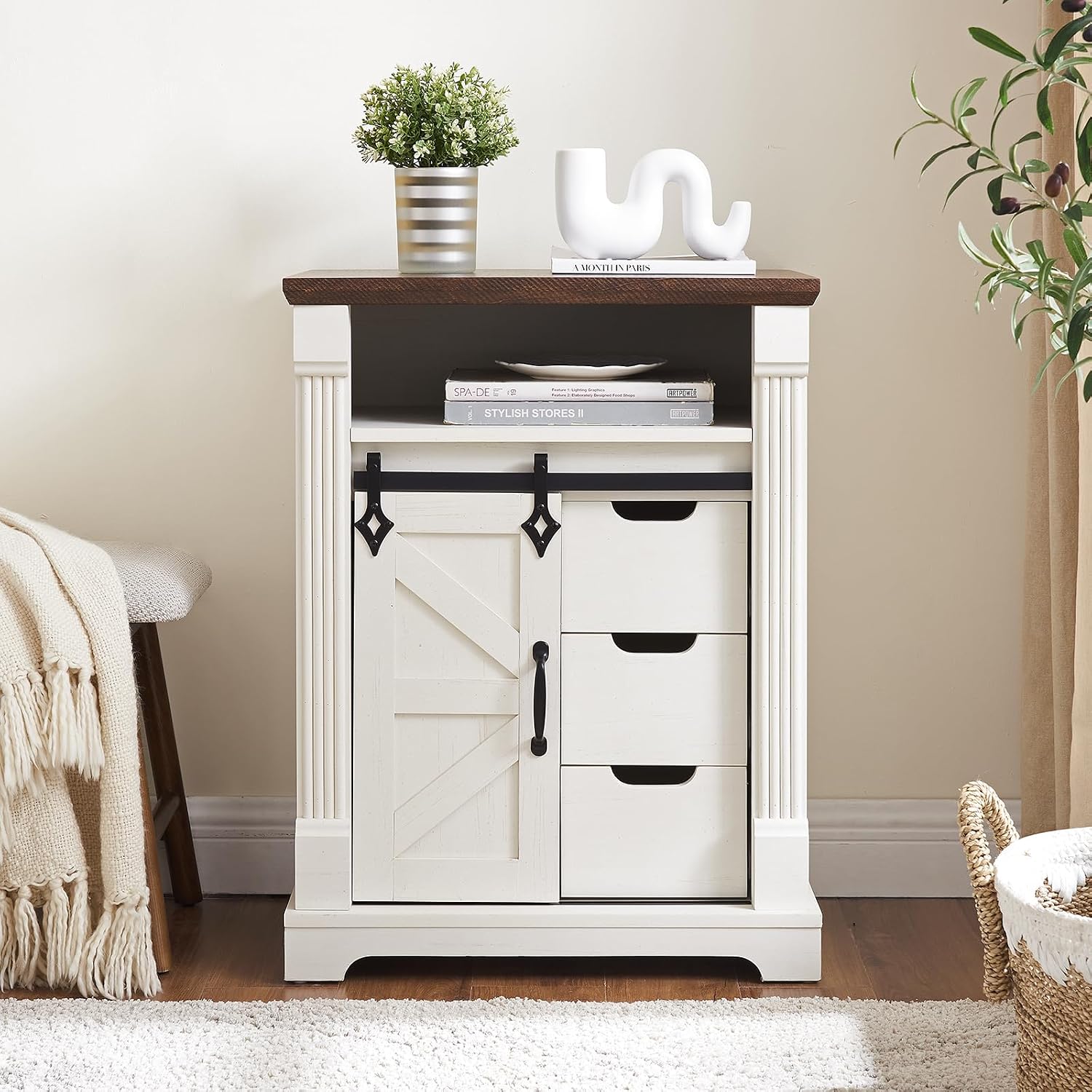 Minifeel Farmhouse Bathroom Cabinet, Freestanding Small Storage Cabinets with Barn Door and Three Drawers, Wooden Console Entryway Table with Roman Column for Kitchen, Living Room, laundry room, White