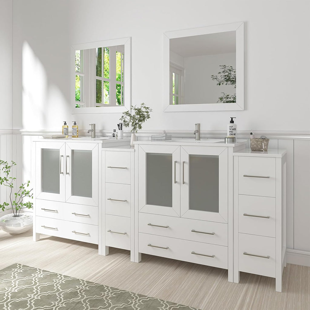 Vanity Art 84 Inch Under Mount Double Sink Bathroom Vanity Cabinet with 2 Mirrors, Ceramic Top Bathroom Cabinet Compact Set with 10 Dovetail Storage Drawers and Brushed Nickel Handles, VA3030-84-W