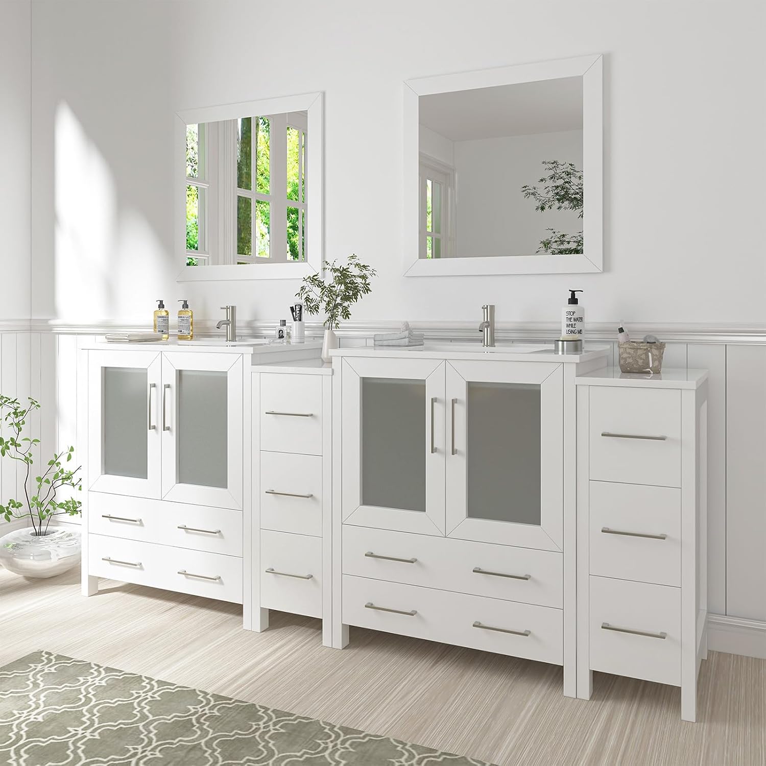 Vanity Art 84 Inch Under Mount Double Sink Bathroom Vanity Cabinet with 2 Mirrors, Ceramic Top Bathroom Cabinet Compact Set with 10 Dovetail Storage Drawers and Brushed Nickel Handles, VA3030-84-W