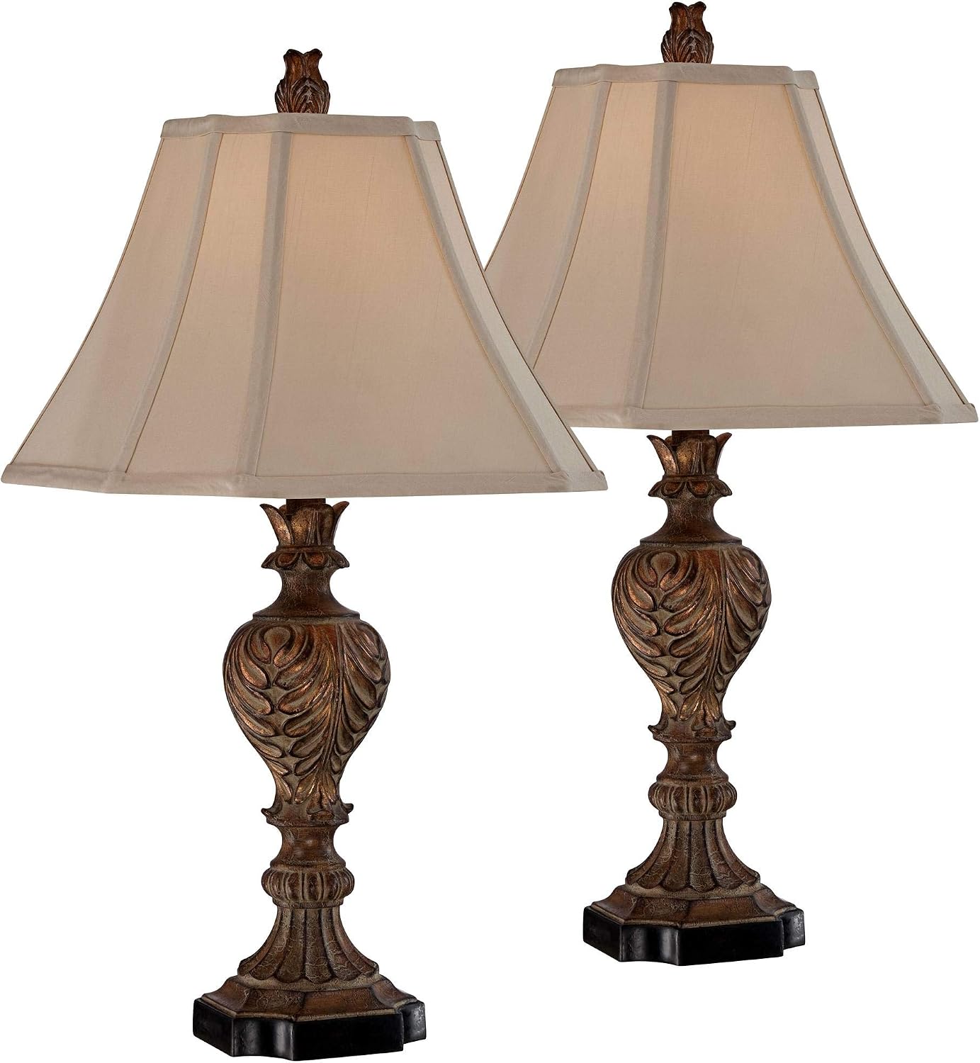 Regency Hill Regio Traditional Rustic Table Lamps 25.5' High Set of 2 Deep Espresso Aged Brown Leaf Tan Fabric Square Bell Shade for Cottage Core Living Room Bedroom House Bedside Nightstand Home
