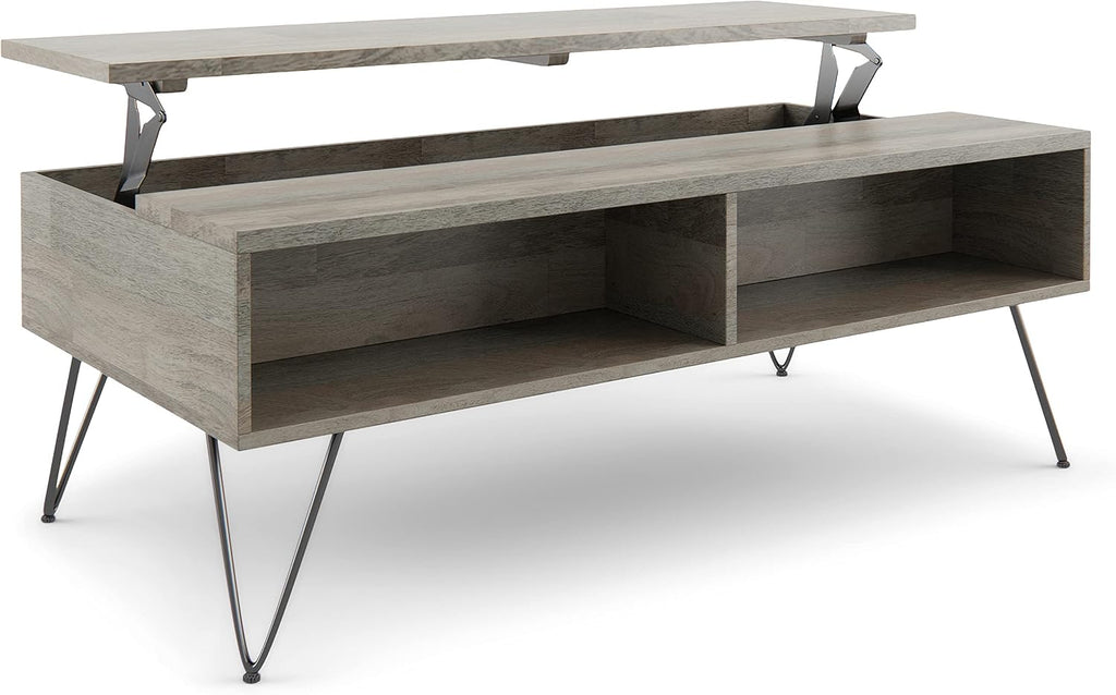 SIMPLIHOME Hunter SOLID MANGO WOOD and Metal 48 inch Wide Rectangle Industrial Lift Top Coffee Table in Grey for the Living Room and Family Room