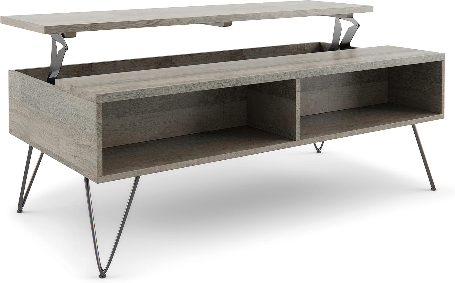 SIMPLIHOME Hunter SOLID MANGO WOOD and Metal 48 inch Wide Rectangle Industrial Lift Top Coffee Table in Grey for the Living Room and Family Room