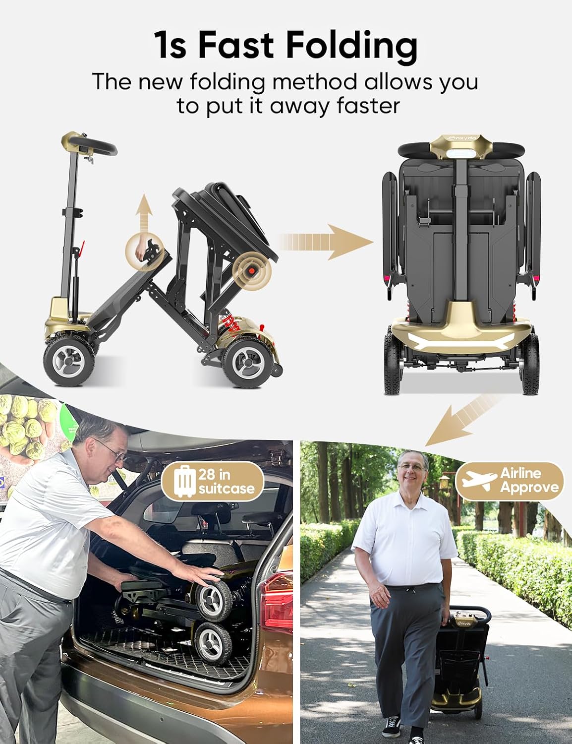 Ultra Light Folding Mobility Scooters for Adults Seniors - 37.5 lbs - 4 Wheel Electric Scooters Airline Cruise Approved for Travel, All Terrain Motorized Scooter, 275 lbs Capacity, Gold