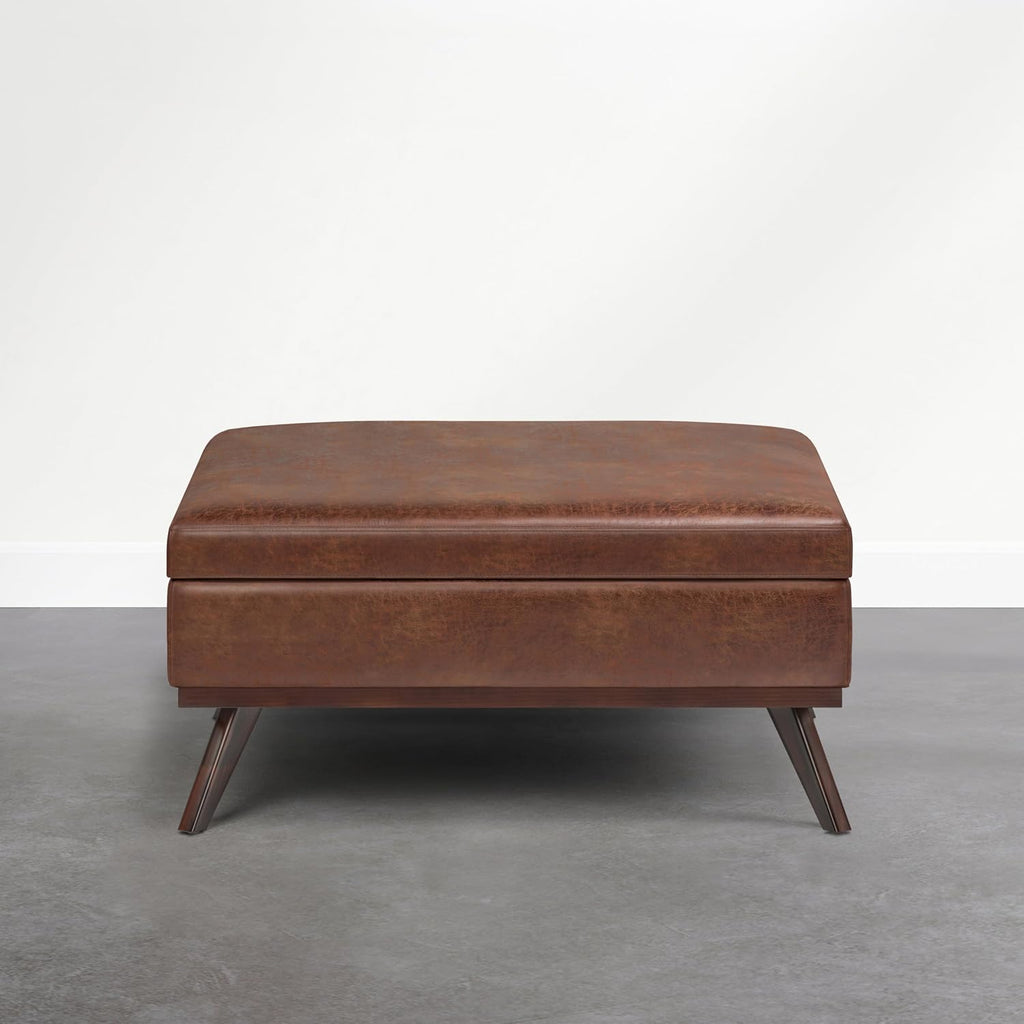 SIMPLIHOME Owen XL Coffee Table Storage Ottoman - 40 inch Wide Upholstered Vegan Leather Square Ottoman in Distressed Pecan Brown, Mid-Century Modern Ottoman for Living Room with Lift-Up Lid