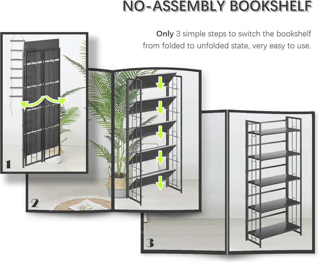 4NM No Assembly 5 Tiers Folding Bookshelf, 59.4' H Foldable Storage Shelves Vintage Bookcase Standing Racks Study Organizer Home Office - All Black