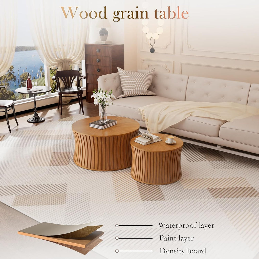 Round Wood Coffee Table Set of 2 Modern Circle Nesting Coffee Table Handcrafted Drum Nesting Table Nesting Coffee Tables for Living Room for Small Space (Brown (D26.4+D19.68 inch))