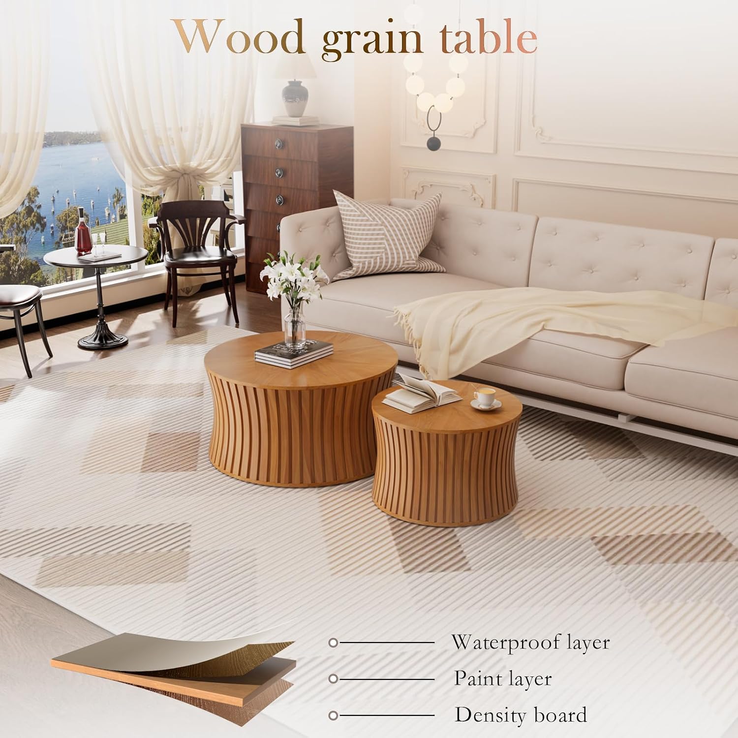 Round Wood Coffee Table Set of 2 Modern Circle Nesting Coffee Table Handcrafted Drum Nesting Table Nesting Coffee Tables for Living Room for Small Space (Brown (D26.4+D19.68 inch))