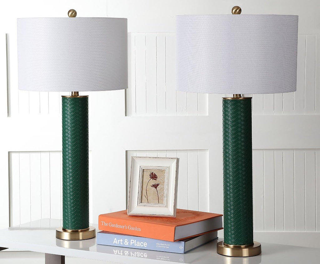 SAFAVIEH Lighting Collection – Set of 2 Ollie Modern Contemporary Dark Green Faux Woven Leather 32-Inch Table Lamps, LED Bulbs Included, Bedroom Living Room Home Office (LIT4404K-SET2)
