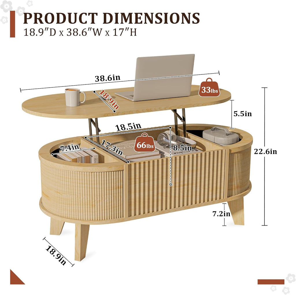LYNCOHOME Fluted Lift Top Coffee Table with Storage,Modern Oval Coffee Table for Living Room Or Home Office（Natural）